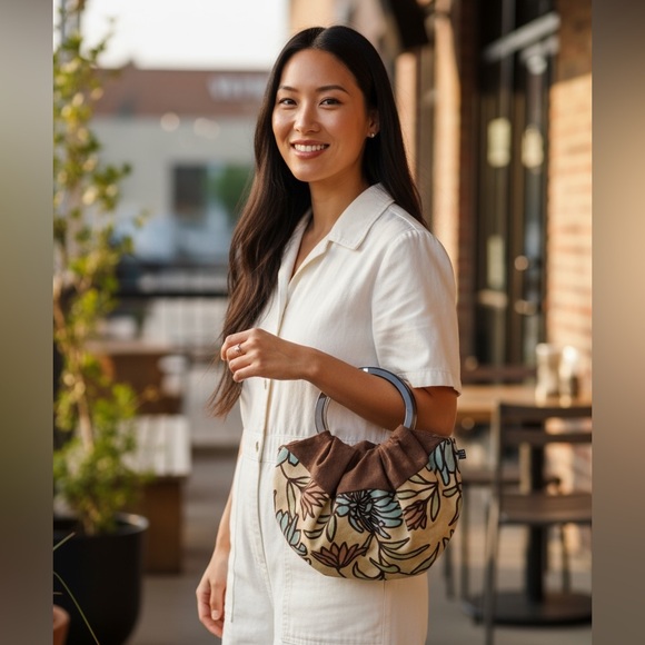 Lisa Lill Embroidery Handbag W/Wooden Handle Browns and blues - Picture 1 of 9